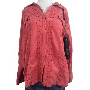 Duck Head‎ Button Up Shirt Women's 1X Red Corduroy Embroidered Floral Western